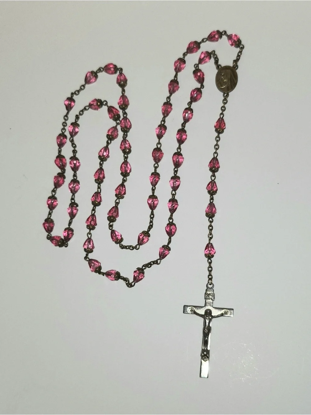 Vintage Pink Cone Shaped Glass Rosary Sorrowful Mother Jesus Carrying Cross